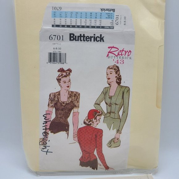 Retro Butterick '43 6701 Sz 6 8 10 Sewing Pattern Fitted Blouse UNCUT - Picture 1 of 3